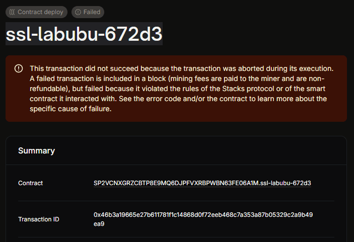 Step 1 — deploy failed transaction (explorer screenshot)
